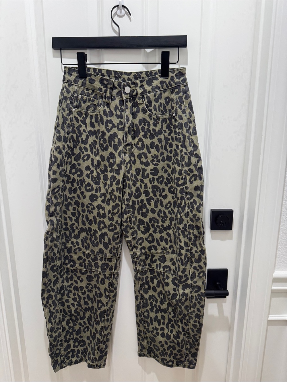 Leopard Print Wide Leg Jeans - Olive/Black